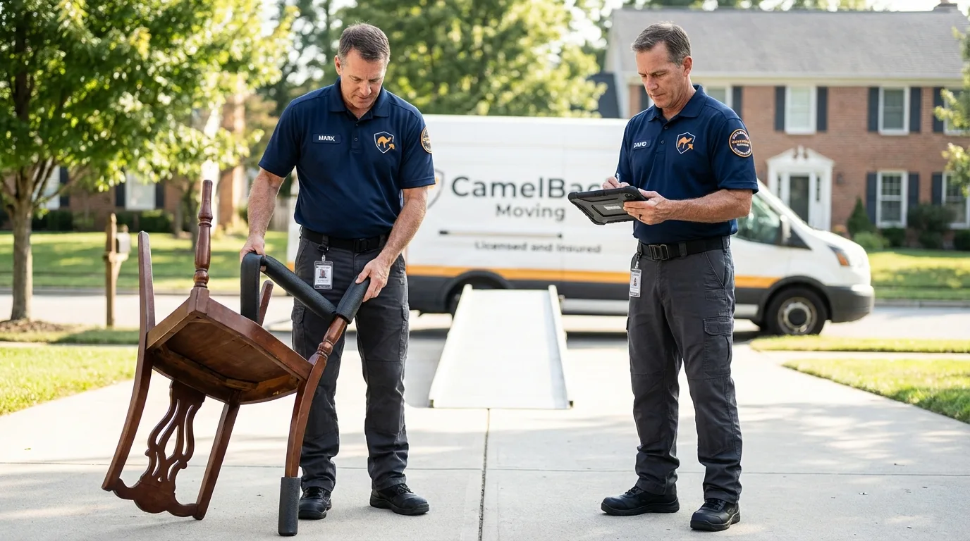 Movers inspecting furniture for damage prevention before loading in Harleysville, PA