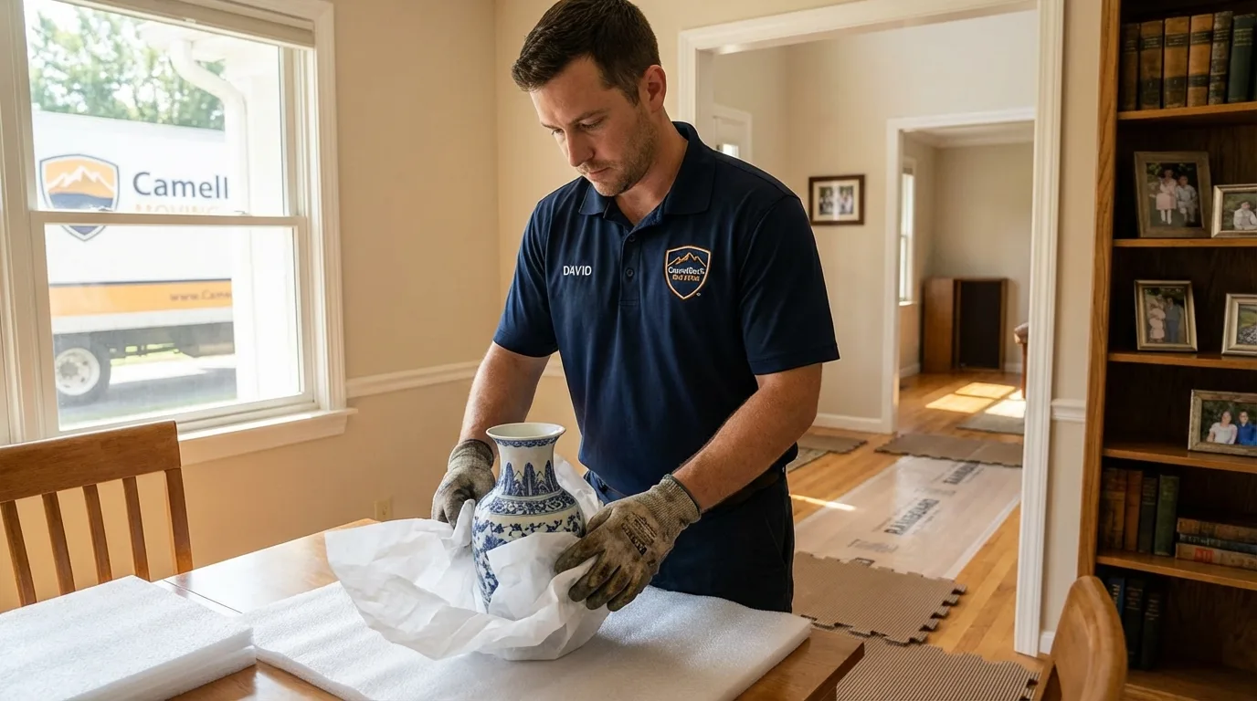 Professional crew carefully wrapping antique vase for senior downsizing move in Harleysville, PA